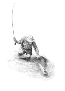 Flyfisherman landing a brown trout Flyfisherman landing a brown trout